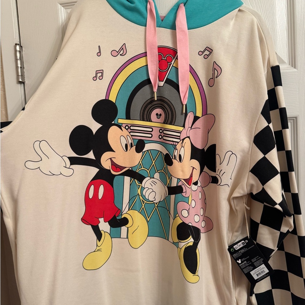 Loungefly Mickey & Minnie Jukebox Hoodie - Cream and Pink